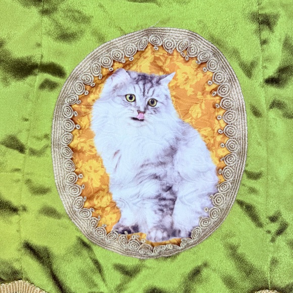 SHEIN green silky short skirt with fridge details and lace framed cat unique m - Picture 2 of 6